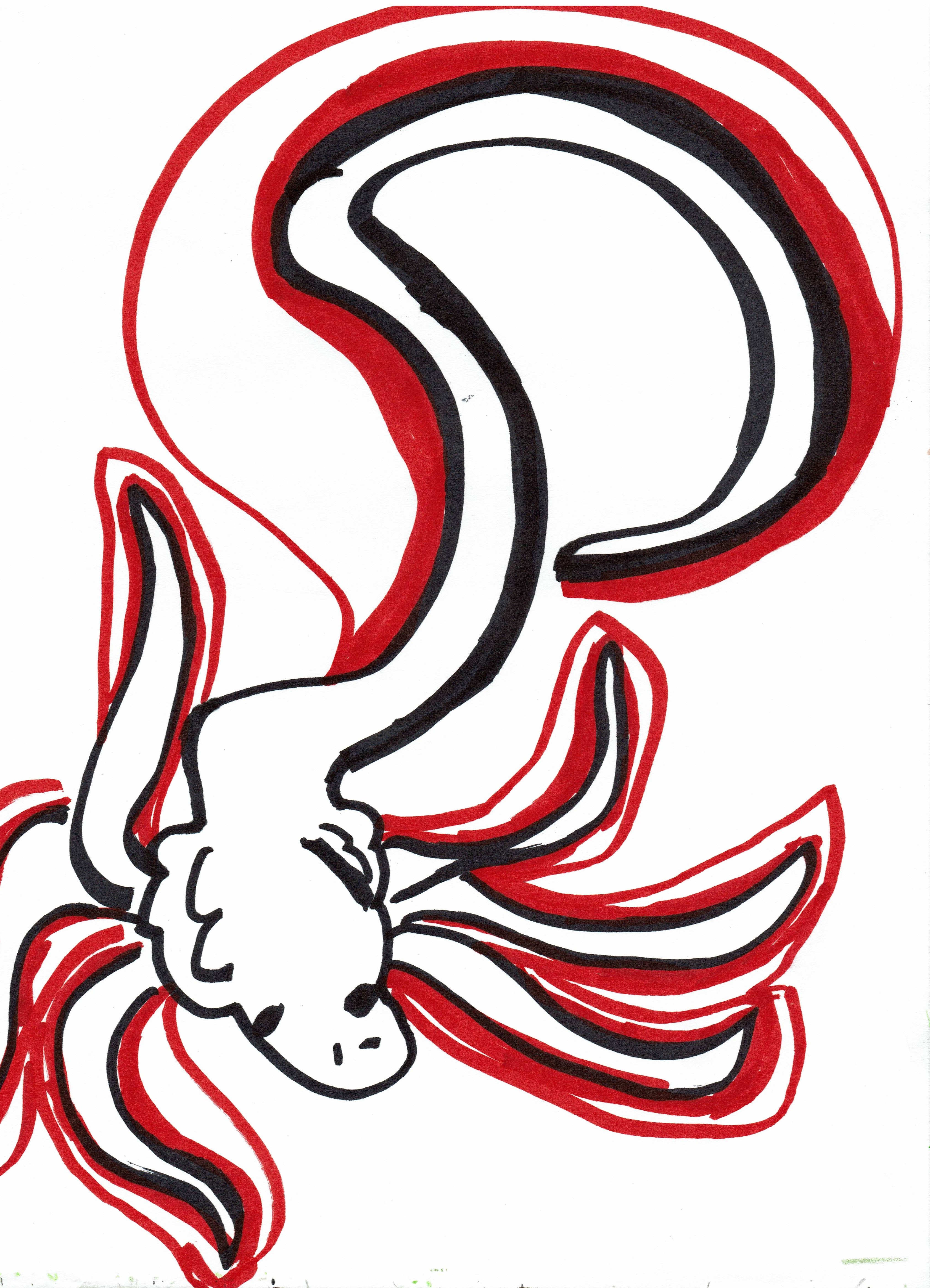 a freehand doodle of an axolotl-ish creature in red and black sharpie. it started as an axolotl but got more snakey as I went.